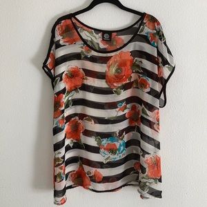 Black & White Striped Floral Bobeau Sheer Blouse